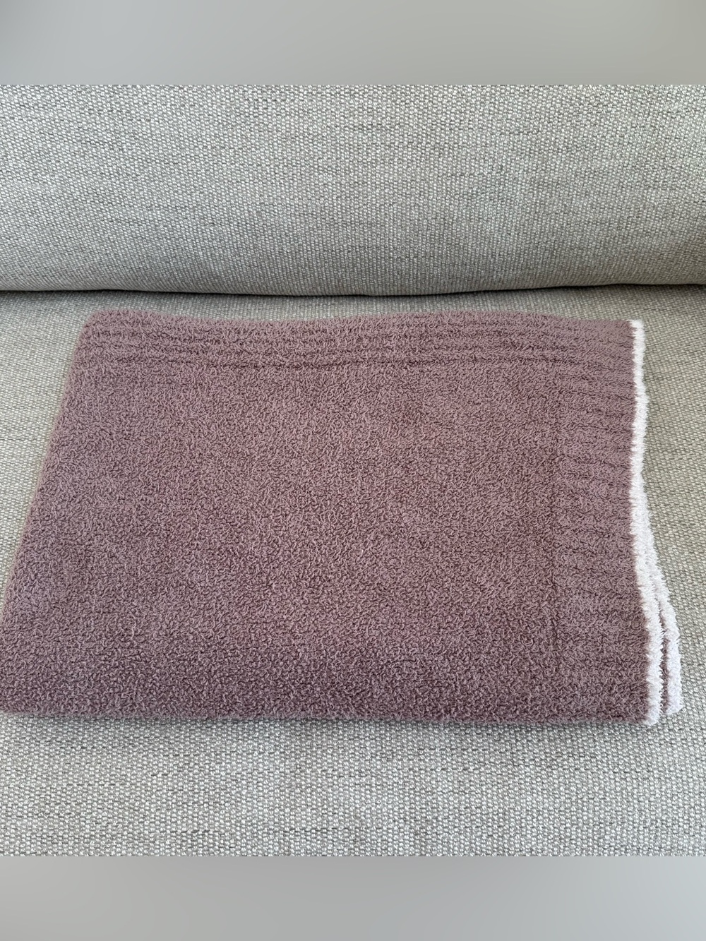 Barefoot Dreams CozyChic Throw Blanket Mauve Taupe Cream Trim Ultra Soft
